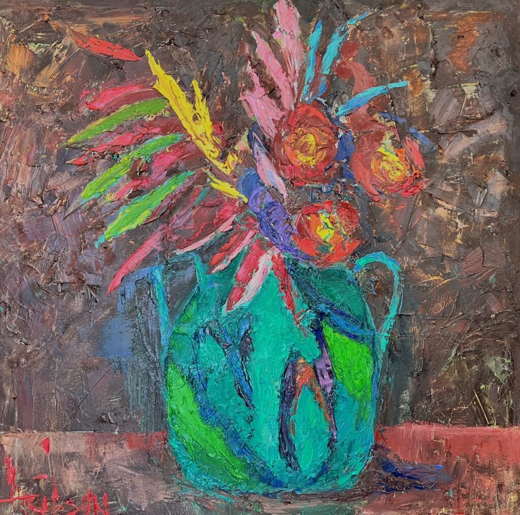 Oil painting of roses in a vase