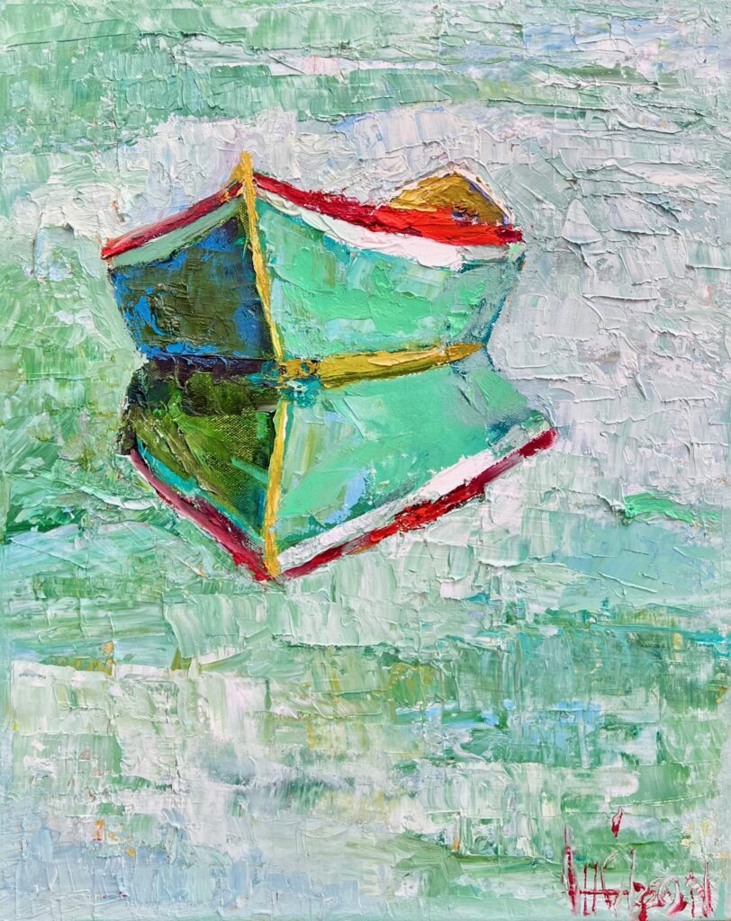 green boat oil painting