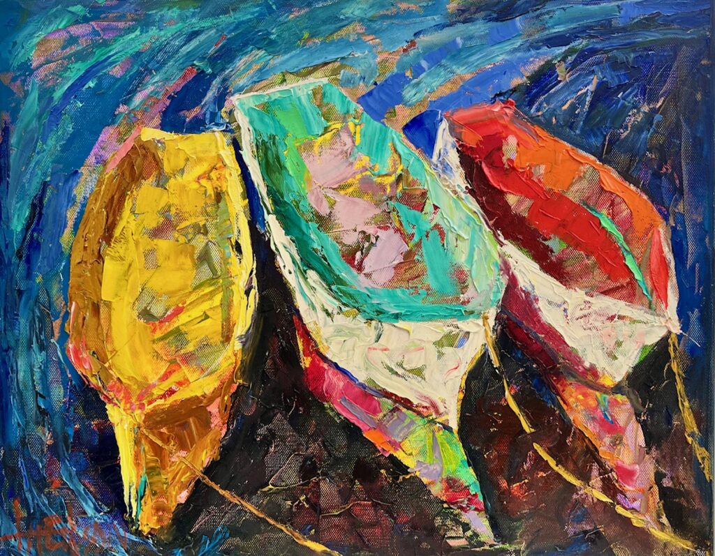 multiple boats oil painting