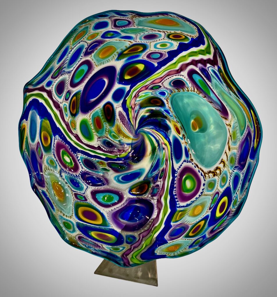 Front view of murrine blown glass sculpture
